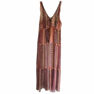 OF TWO MINDS Boho V-Neck Silk Printed Sheer Maxi Dress Women Medium Brown Pink